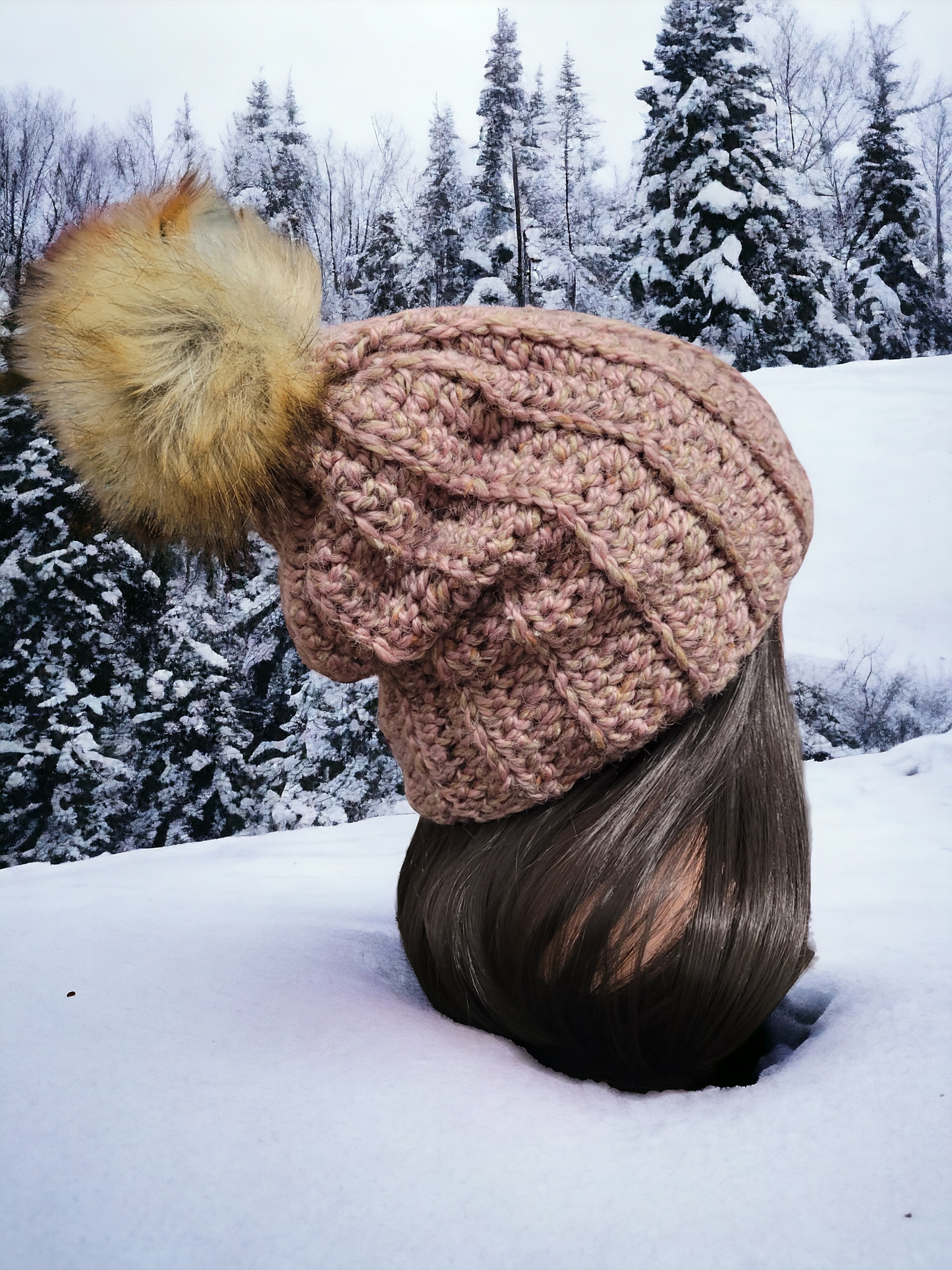 Pink With Brown Pom-Pom Beanie
